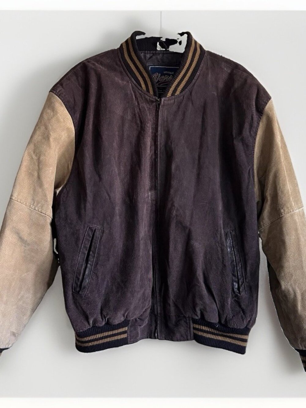 Vintage Varsity Suede Leather Bomber Jacket Mens XXL Two Tone Brown Tan 90s